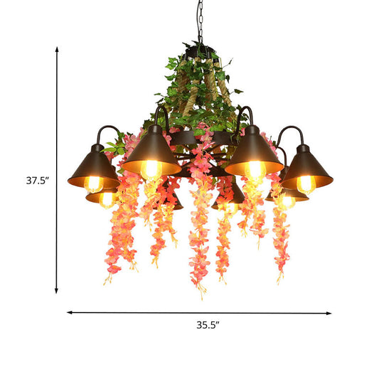 8-Head Black Chandelier Lamp: Antique Metal Blossom Design with LED Down Lighting - Perfect for Restaurants