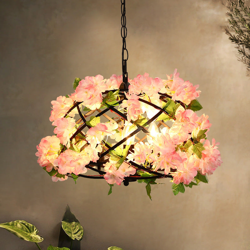 Industrial Metal Led Chandelier Light With Bird Nest Design In Pink Cherry Blossom Inspired- Set Of
