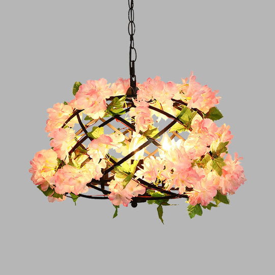 Industrial Metal Led Chandelier Light With Bird Nest Design In Pink Cherry Blossom Inspired- Set Of