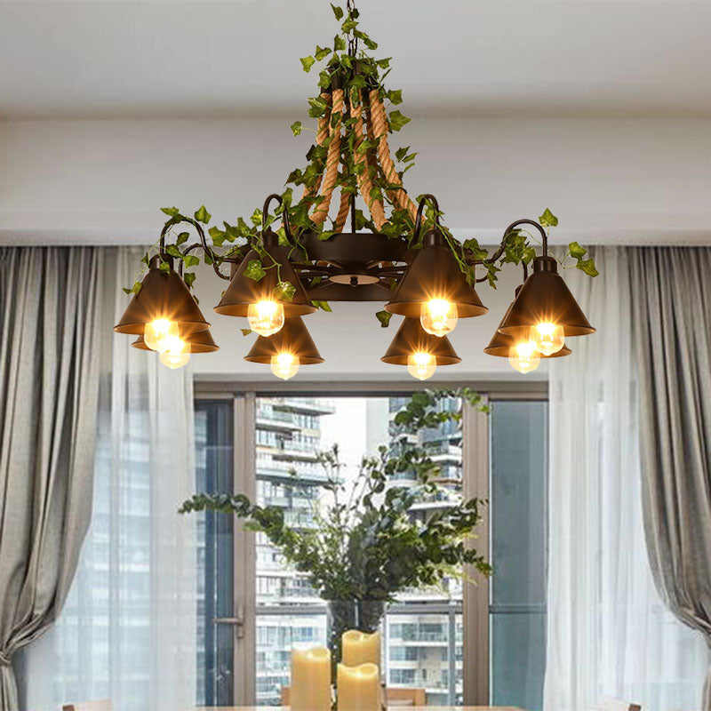 Industrial Cone Ceiling Chandelier: 8-Bulb Hemp Rope Led Pendant Light In Black With Plant-Styled