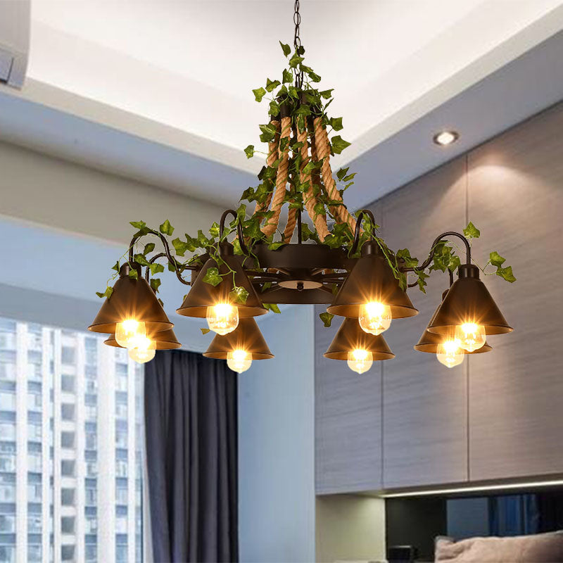 Industrial Cone Ceiling Chandelier - Hemp Rope LED Hanging Light Fixture, 8 Bulbs, Black with Plant Décor