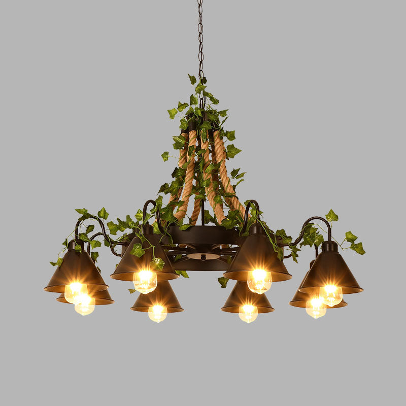 Industrial Cone Ceiling Chandelier - Hemp Rope LED Hanging Light Fixture, 8 Bulbs, Black with Plant Décor