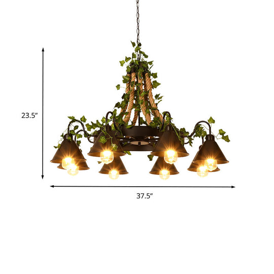 Industrial Cone Ceiling Chandelier: 8-Bulb Hemp Rope Led Pendant Light In Black With Plant-Styled