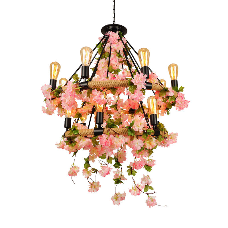 Industrial Metal Chandelier Pendant Light - Pink 2 Tiers, 14 Heads - Restaurant Hanging Lamp with Cherry Blossom Accents