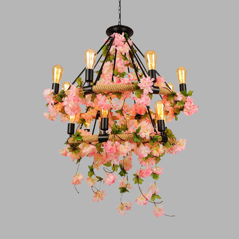Industrial Metal Chandelier Pendant Light - Pink 2 Tiers, 14 Heads - Restaurant Hanging Lamp with Cherry Blossom Accents