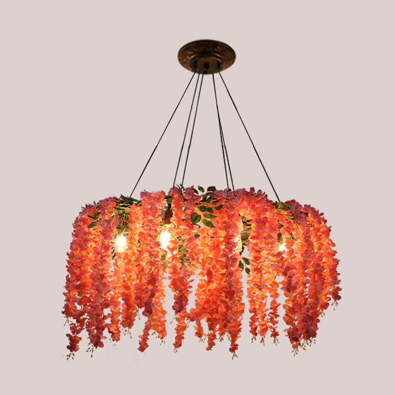 Industrial Metal Floral Chandelier with 6 Pink LED Bulbs for Restaurant Lighting