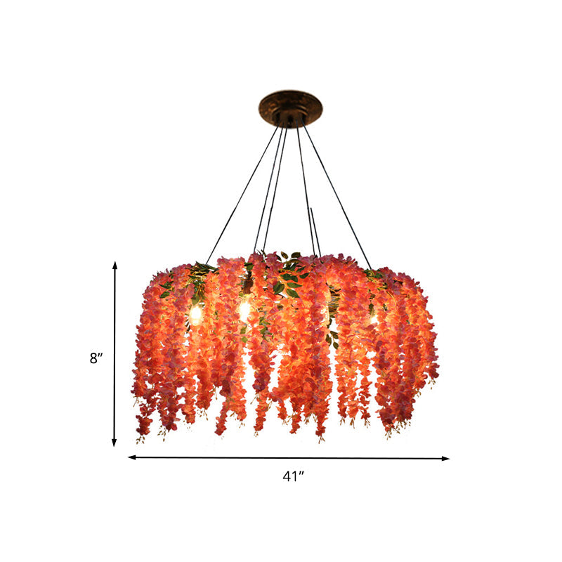 Industrial Metal Floral Chandelier with 6 Pink LED Bulbs for Restaurant Lighting