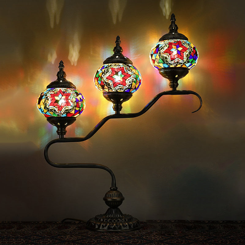 Mediterranean Stained Glass Night Light With 3 Heads - Red/Orange/Blue Tower Design Red-Purple