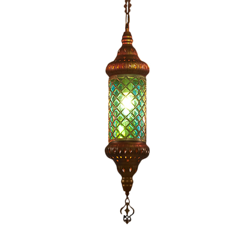 Colorful Glass Lantern Pendant Light For Restaurant - Traditional Design Green