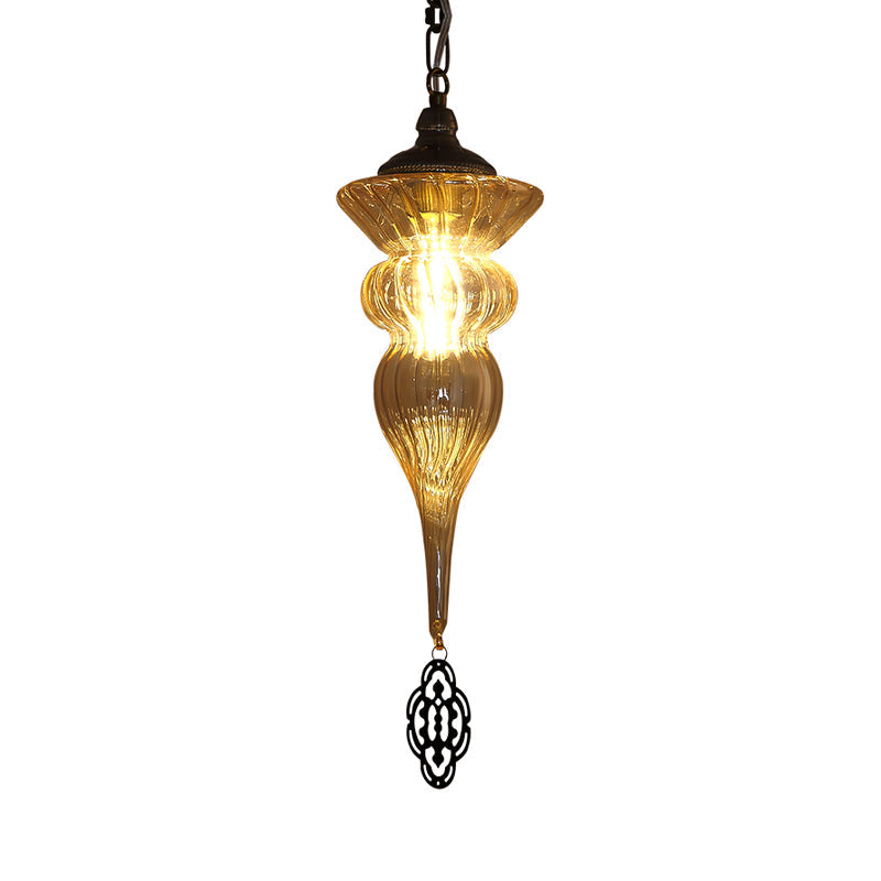 Vintage Brass Urn Drop Lamp With Prismatic Amber Glass Pendant For Restaurants