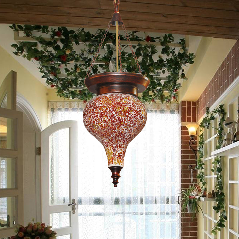 Multicolored Stained Glass Pendant Light With Traditional Urn Design In Orange Red