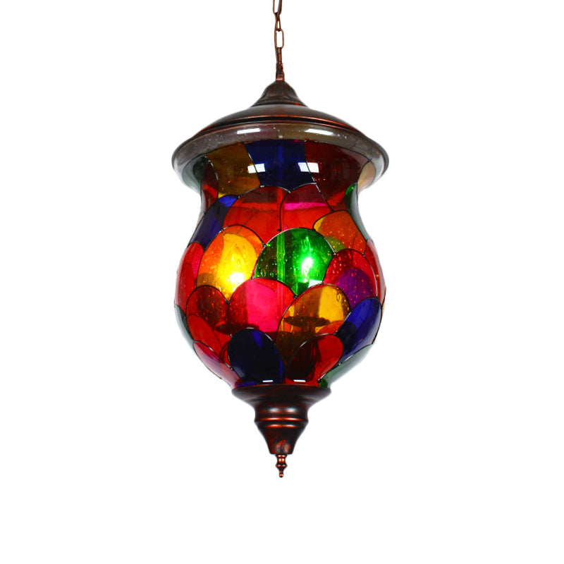 Mediterranean Stained Glass Urn Living Room Pendant Light Fixture - Red (1 Head)