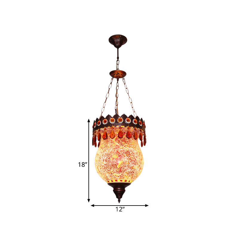 Retro Hand-Cut Glass Copper Urn Pendant With Down Lighting For Living Room Ceiling