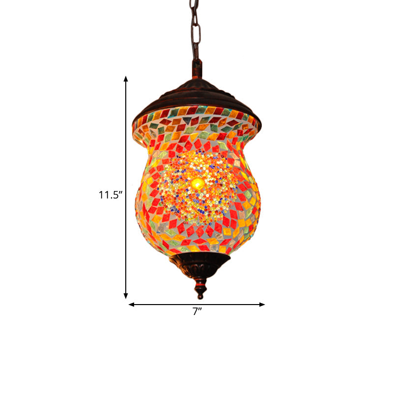 Traditional Copper Stained Art Glass Pendant Lamp For Foyer - Unique Head Urn Design