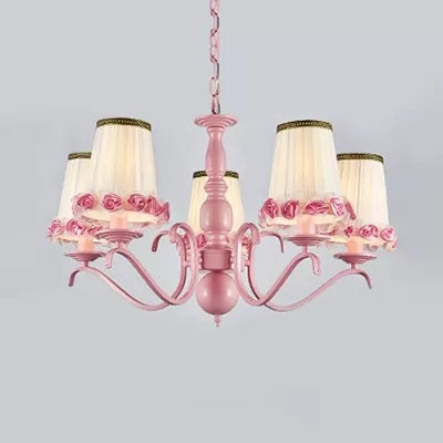 Pink Flower Chandelier: Fabric Tapered Shade Kids Hanging Light For Girls Bedroom 5 /