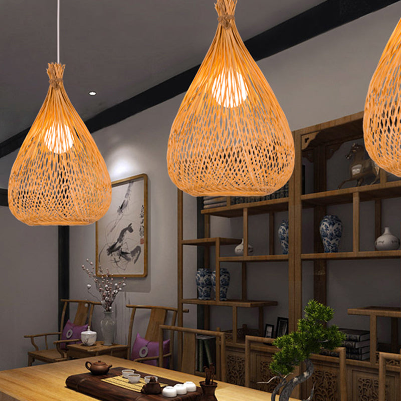 Japanese Bamboo Pendant Lighting: Hand-Woven 1 Bulb Wood Ceiling Suspension Lamp For Tearoom