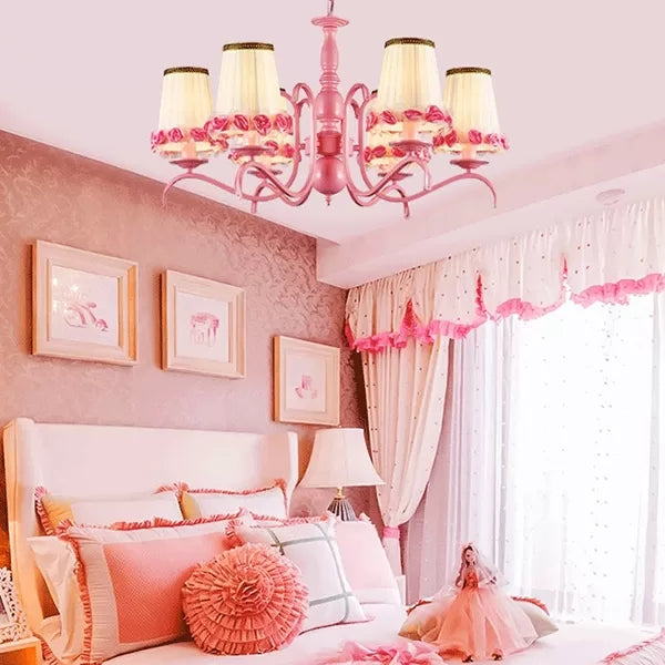 Pink Flower Chandelier: Fabric Tapered Shade Kids Hanging Light For Girls Bedroom