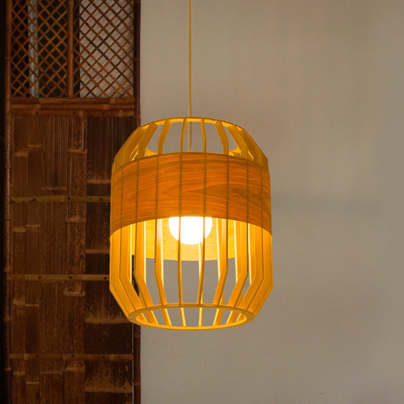 Japanese Laser Cut Hanging Light Wood Pendant With 1 Bulb In Beige - Ideal For Restaurants