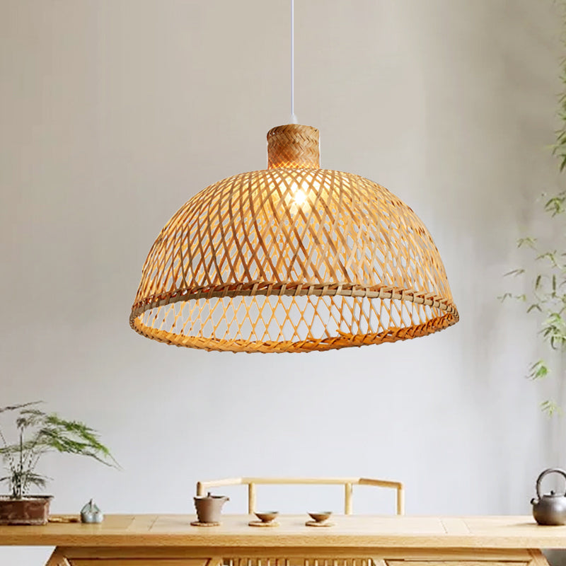 Asian Wood Tearoom Pendant Light With Bamboo Dome Shade - 1 Bulb Hanging Ceiling Lamp