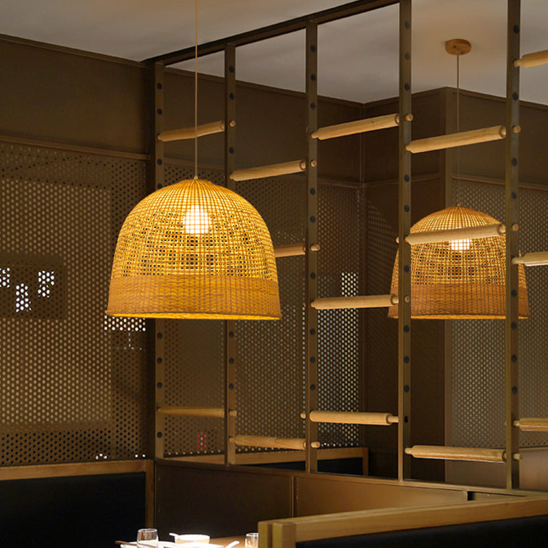 Japanese Beige Domed Pendant Lamp: Bamboo Ceiling Light For Teahouse