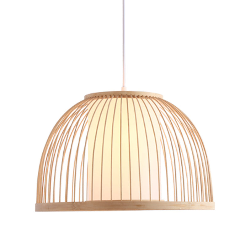 Asian Bamboo Domed Pendant Light - Wood Suspended Lighting Fixture With 1 Bulb 14/16 Wide