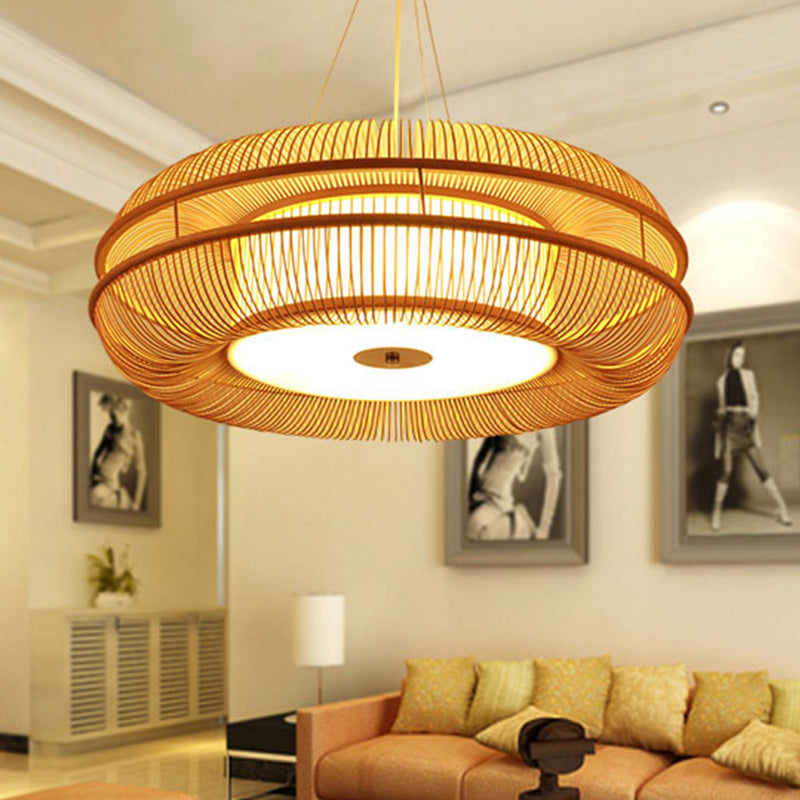 Bamboo Pendant Light With Beige Shade - Single Bulb Ceiling Lamp 25.5/31.5
