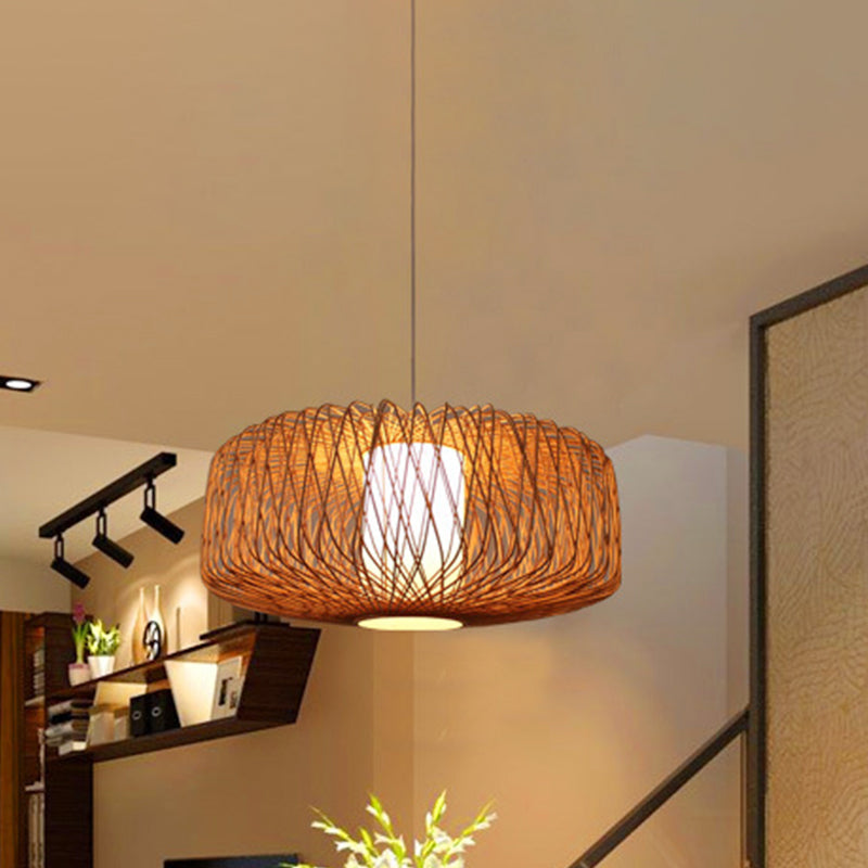 Bamboo Hanging Lamp - Asian Design 1 Bulb Pendant Light For Dining Room Beige