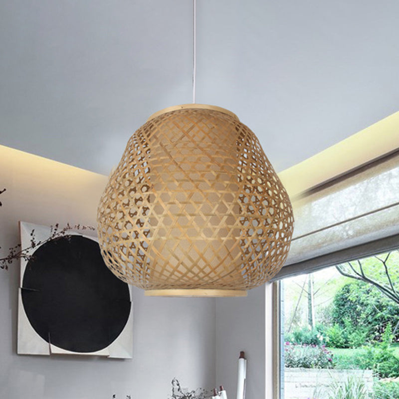 Bamboo Shade Asian Pendant Light With Teardrop Design - Beige Hanging Ceiling Fixture
