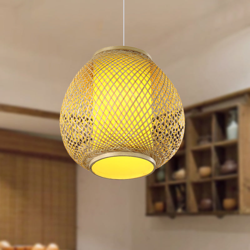 Handcrafted Chinese Bamboo Ceiling Lamp With Parchment Shade In Beige