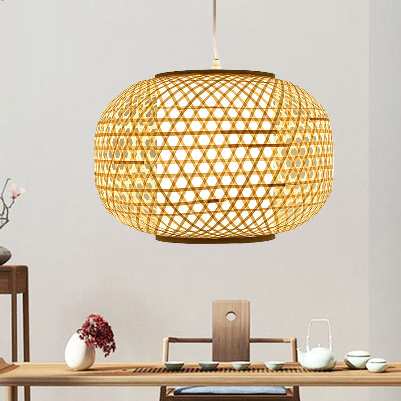 Asian Bamboo Ceiling Pendant With Beige Lantern Shade For Bedroom