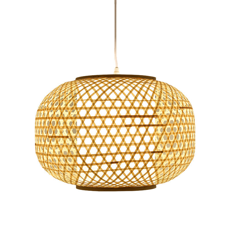 Asian Bamboo Ceiling Pendant With Beige Lantern Shade For Bedroom
