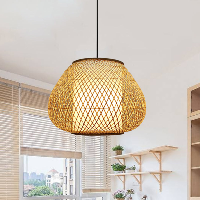 Bamboo Pear Pendant Light: Contemporary 1-Bulb Beige Suspension Fixture For Living Room