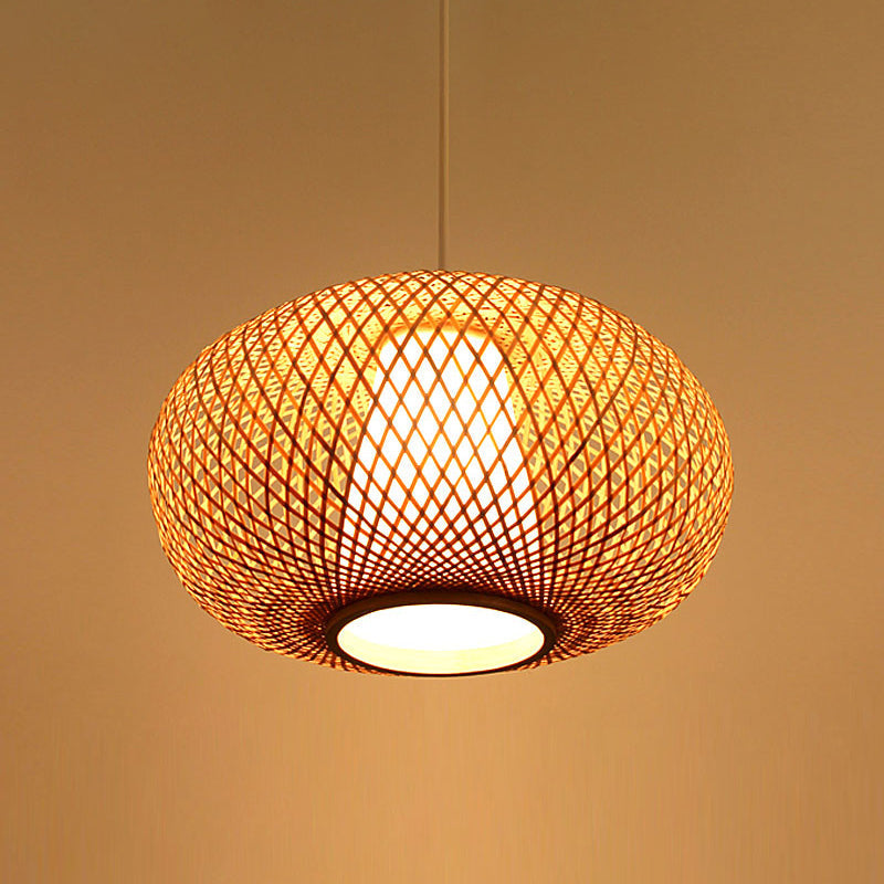 Japanese Bamboo Pendant Lighting - Handmade 1 Head 14/18 Wide Beige Hanging Light Fixture / 14