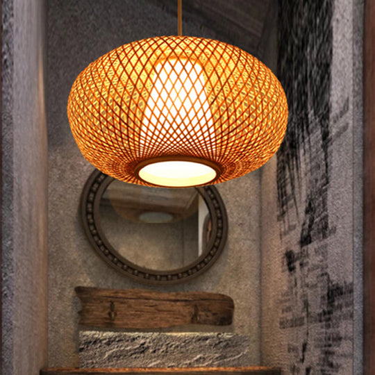 Japanese Bamboo Pendant Lighting - Handmade 1 Head 14/18 Wide Beige Hanging Light Fixture