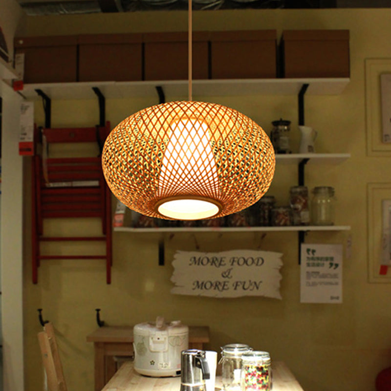Japanese Bamboo Pendant Lighting - Handmade 1 Head 14/18 Wide Beige Hanging Light Fixture