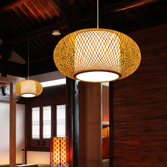 Curved Bamboo Pendant Lamp - Asian Style Ceiling Light 1 Bulb Beige 16/19.5 Wide