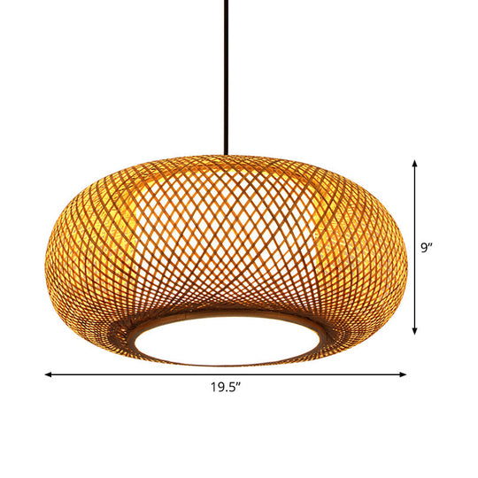 Curved Bamboo Pendant Lamp - Asian Style Ceiling Light 1 Bulb Beige 16/19.5 Wide