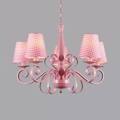 Kids Pink Tapered Shade Chandelier - 5 Light Metal Hanging Lamp For Living Room