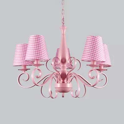 Kids Pink Tapered Shade Chandelier - 5 Light Metal Hanging Lamp For Living Room / Trellis