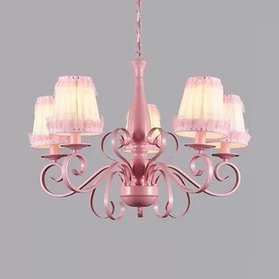 Kids Pink Tapered Shade Chandelier - 5 Light Metal Hanging Lamp For Living Room