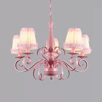 Kids Pink Tapered Shade Chandelier - 5 Light Metal Hanging Lamp For Living Room / Lace