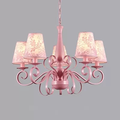 Kids Pink Tapered Shade Chandelier - 5 Light Metal Hanging Lamp For Living Room