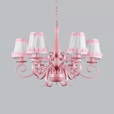 Modern Pink Fabric Chandelier With Tapered Shades - 6 Lights Pendant For Study Room