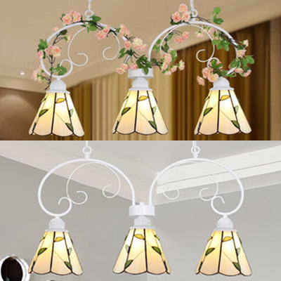 Tiffany Style Island Pendant Light Kit With Stainless Glass Cone Shades - Pink/White 3 Heads Leaf