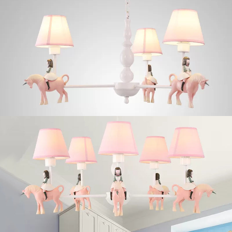 Girls Bedroom Carousel Chandelier - Pink Hanging Light With Fabric Shade