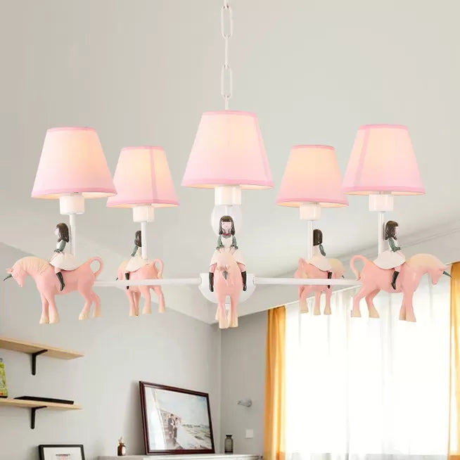 Girls Bedroom Carousel Chandelier - Pink Hanging Light With Fabric Shade