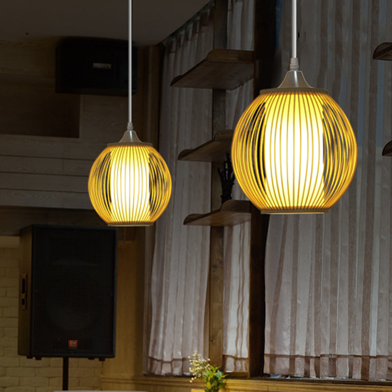 Chinese Bamboo Lantern Pendant Light With Beige Shade For Ceiling