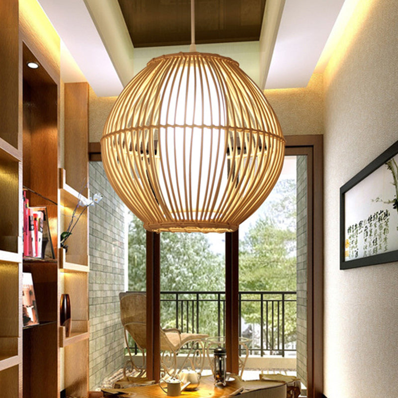 Japanese-Inspired Bamboo Pendant Light For Dining Room With Beige Curved Design And 1 Bulb