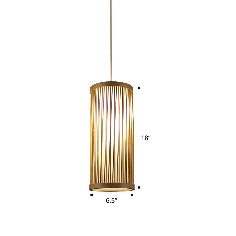 Bamboo Japanese Ceiling Light - Cylindrical Wood Fixture With 1 Head