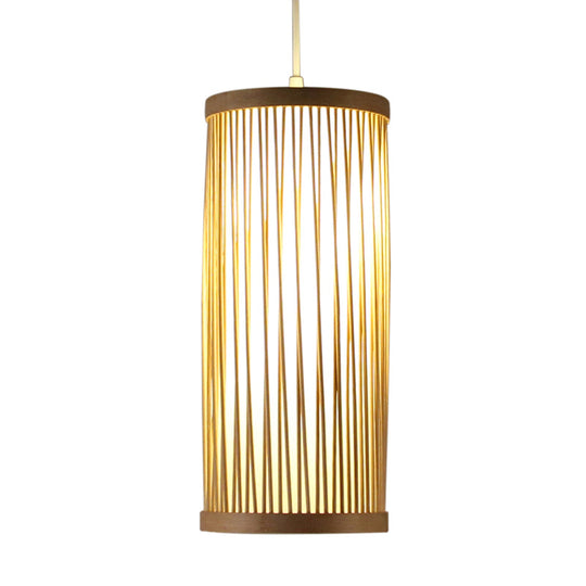 Natural Bamboo Asian Pendant Ceiling Light With Cylinder Wood Shade